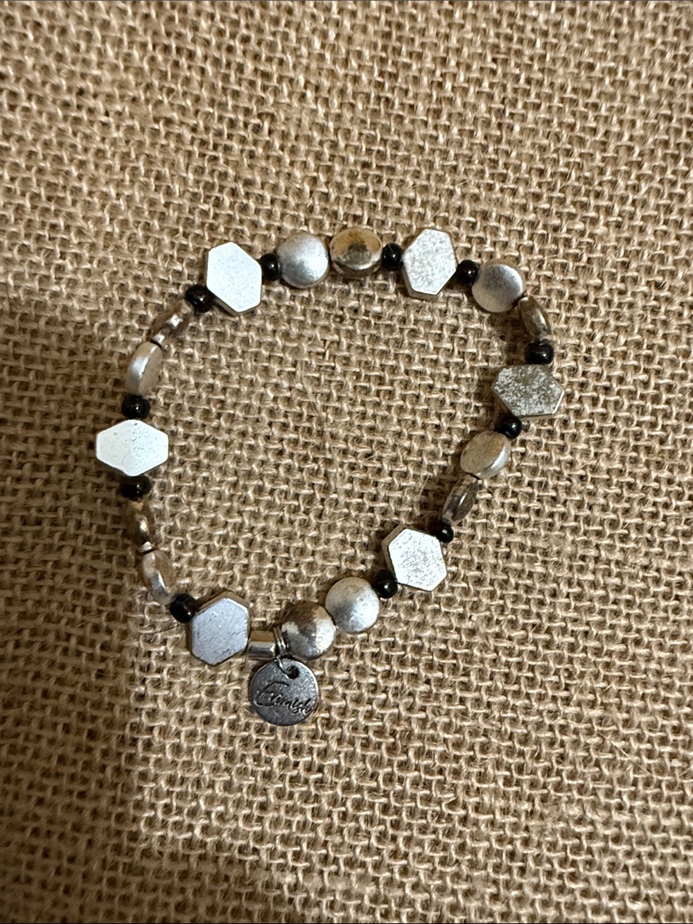 Erimish Silver and Black Beaded Stretch Bracelet with Charm